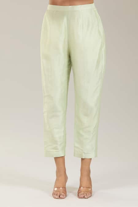 Buy_Kriti Bapna_Green Organza, Silk Embroidery, Applique Round Neck Mint Kurta Pant Set 