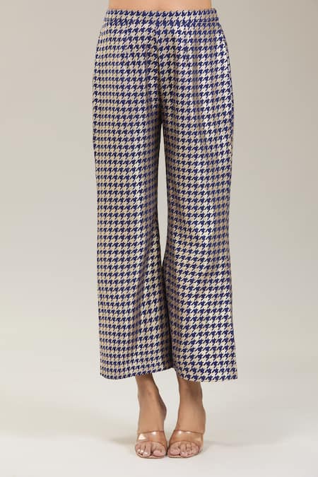 Buy_Kriti Bapna_Blue Silk Zari V-neck Houndstooth Pattern Kurta And Pant Set 