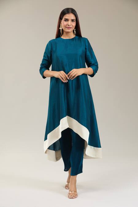 Buy_Kriti Bapna_Green Silk, Satin, Georgette Round Neck High Low Kurta Pant Set _Online_at_Aza_Fashions