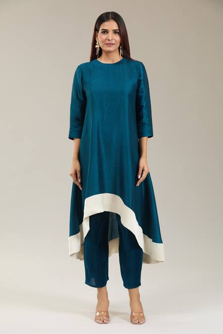 Shop_Kriti Bapna_Green Silk, Satin, Georgette Round Neck High Low Kurta Pant Set _Online_at_Aza_Fashions