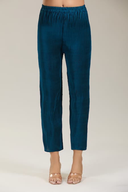 Kriti Bapna_Green Silk, Satin, Georgette Round Neck High Low Kurta Pant Set _at_Aza_Fashions