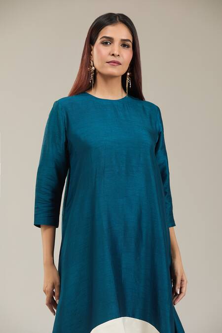 Buy_Kriti Bapna_Green Silk, Satin, Georgette Round Neck High Low Kurta Pant Set 