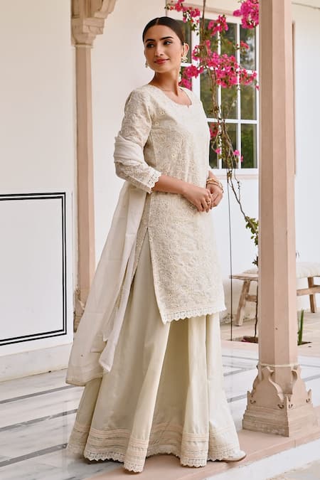 Buy_Karaj Jaipur_Off White Jersey, Cotton, Kota Doria Embroidery Floral Chikankari Kurta Set _Online_at_Aza_Fashions