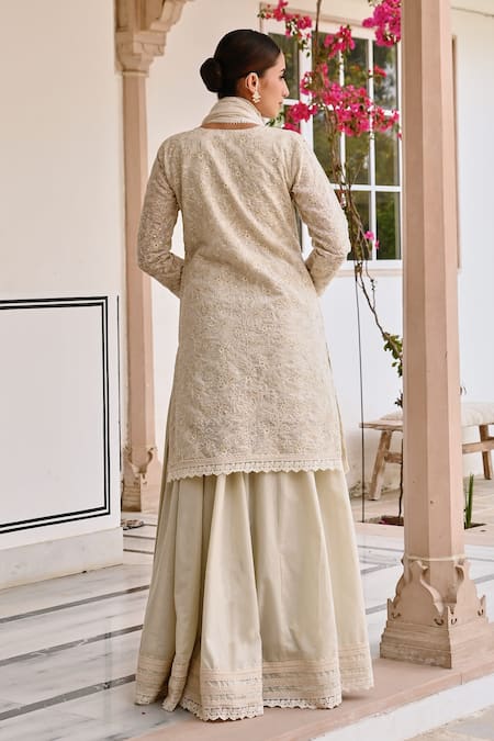 Shop_Karaj Jaipur_Off White Jersey, Cotton, Kota Doria Embroidery Floral Chikankari Kurta Set _at_Aza_Fashions