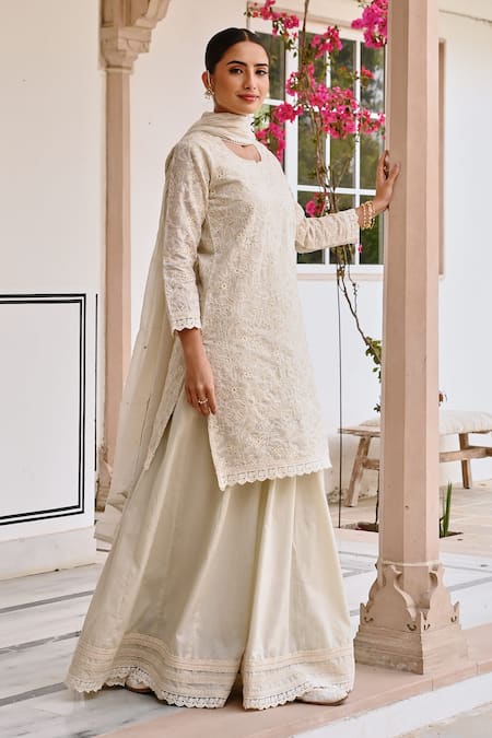 Shop_Karaj Jaipur_Off White Jersey, Cotton, Kota Doria Embroidery Floral Chikankari Kurta Set _Online_at_Aza_Fashions