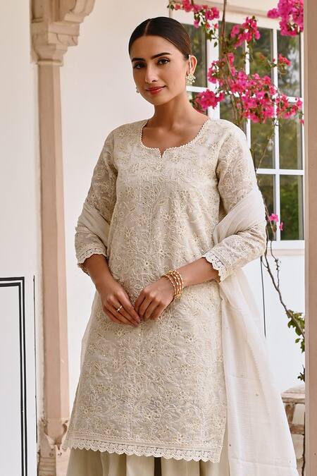 Karaj Jaipur_Off White Jersey, Cotton, Kota Doria Embroidery Floral Chikankari Kurta Set _at_Aza_Fashions
