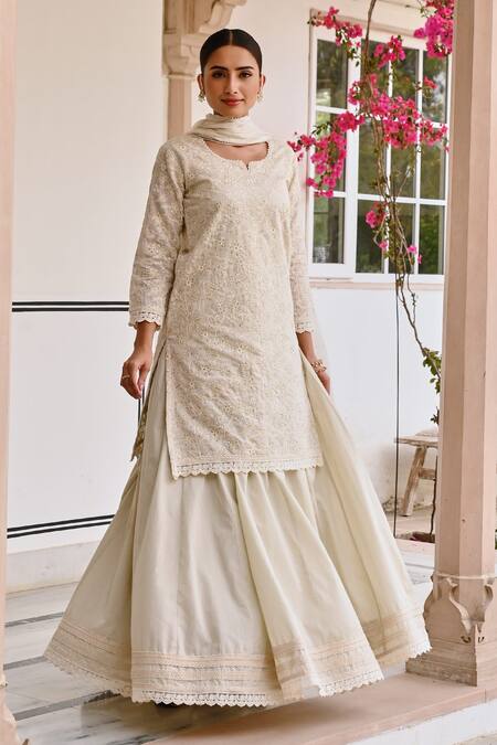 Buy_Karaj Jaipur_Off White Jersey, Cotton, Kota Doria Embroidery Floral Chikankari Kurta Set 
