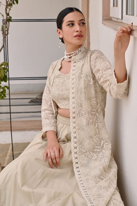 Buy Karaj Jaipur Off White Jersey, Chanderi, Cotton Embroidery, Chikankari Jacket Lehenga Set Online at Aza Fashions Buy_Karaj Jaipur_Off White Jersey, Chanderi, Cotton Embroidery, Chikankari Jacket Lehenga Set _Online_at_Aza_Fashions