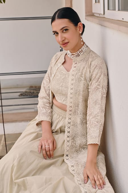 Shop Karaj Jaipur Off White Jersey, Chanderi, Cotton Embroidery, Chikankari Jacket Lehenga Set Online at Aza Fashions Shop_Karaj Jaipur_Off White Jersey, Chanderi, Cotton Embroidery, Chikankari Jacket Lehenga Set _Online_at_Aza_Fashions