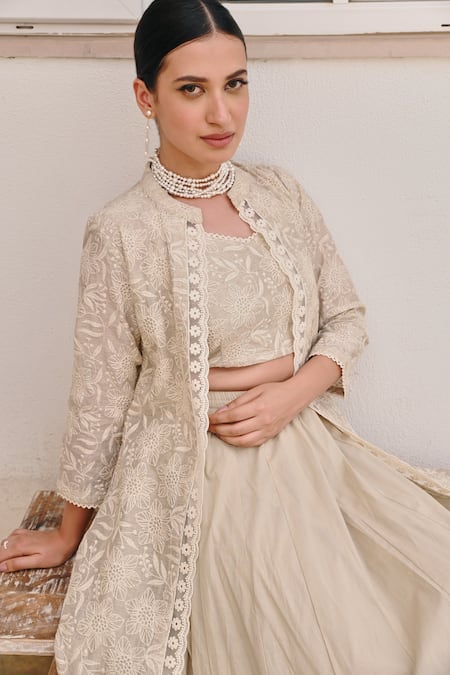 Buy Karaj Jaipur Off White Jersey, Chanderi, Cotton Embroidery, Chikankari Jacket Lehenga Set Buy_Karaj Jaipur_Off White Jersey, Chanderi, Cotton Embroidery, Chikankari Jacket Lehenga Set
