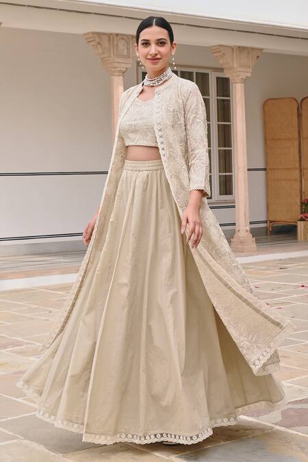 Shop Karaj Jaipur Off White Jersey, Chanderi, Cotton Embroidery, Chikankari Jacket Lehenga Set Shop_Karaj Jaipur_Off White Jersey, Chanderi, Cotton Embroidery, Chikankari Jacket Lehenga Set