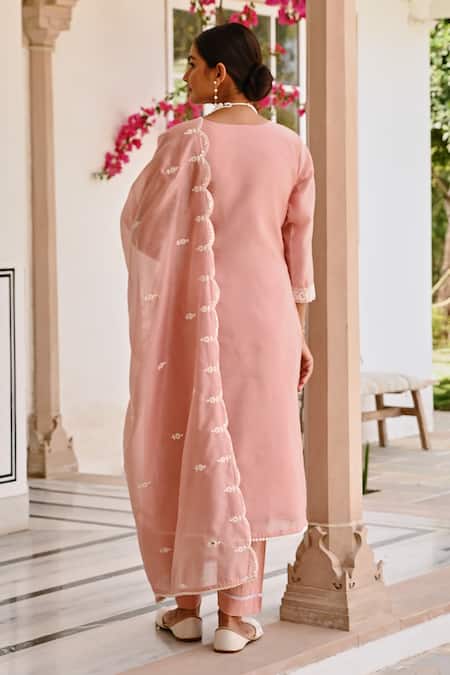 Karaj Jaipur Pink Chanderi, Cotton Embroidery Round Neck Floral Chikankari Kurta Set Online at Aza Fashions Karaj Jaipur_Pink Chanderi, Cotton Embroidery Round Neck Floral Chikankari Kurta Set _Online_at_Aza_Fashions