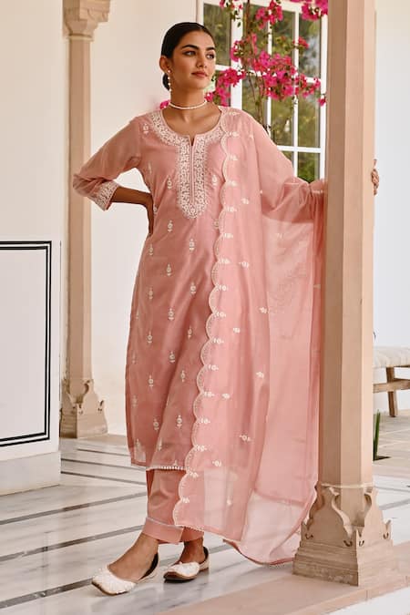 Karaj Jaipur Pink Chanderi, Cotton Embroidery Round Neck Floral Chikankari Kurta Set at Aza Fashions Karaj Jaipur_Pink Chanderi, Cotton Embroidery Round Neck Floral Chikankari Kurta Set _at_Aza_Fashions
