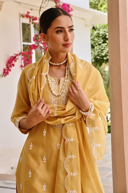 Shop Karaj Jaipur Yellow Chanderi, Cotton Embroidery Round Neck Chikankari Kurta Set Online at Aza Fashions Shop_Karaj Jaipur_Yellow Chanderi, Cotton Embroidery Round Neck Chikankari Kurta Set _Online_at_Aza_Fashions