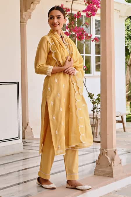 Buy Karaj Jaipur Yellow Chanderi, Cotton Embroidery Round Neck Chikankari Kurta Set Buy_Karaj Jaipur_Yellow Chanderi, Cotton Embroidery Round Neck Chikankari Kurta Set