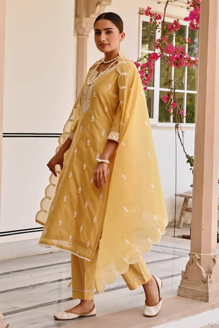 Shop Karaj Jaipur Yellow Chanderi, Cotton Embroidery Round Neck Chikankari Kurta Set Shop_Karaj Jaipur_Yellow Chanderi, Cotton Embroidery Round Neck Chikankari Kurta Set