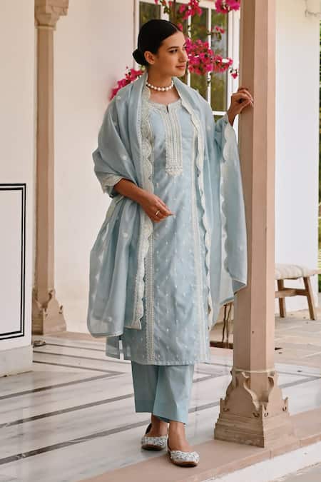 Karaj Jaipur Blue Chanderi, Cotton Embroidery Round Neck Chikankari Kurta Set Online at Aza Fashions Karaj Jaipur_Blue Chanderi, Cotton Embroidery Round Neck Chikankari Kurta Set _Online_at_Aza_Fashions