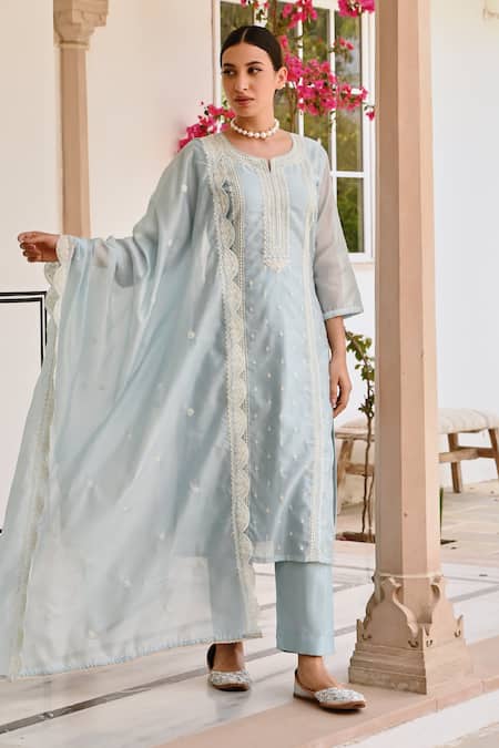 Buy Karaj Jaipur Blue Chanderi, Cotton Embroidery Round Neck Chikankari Kurta Set Online at Aza Fashions Buy_Karaj Jaipur_Blue Chanderi, Cotton Embroidery Round Neck Chikankari Kurta Set _Online_at_Aza_Fashions