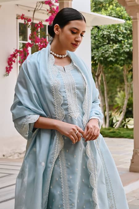 Shop Karaj Jaipur Blue Chanderi, Cotton Embroidery Round Neck Chikankari Kurta Set Online at Aza Fashions Shop_Karaj Jaipur_Blue Chanderi, Cotton Embroidery Round Neck Chikankari Kurta Set _Online_at_Aza_Fashions