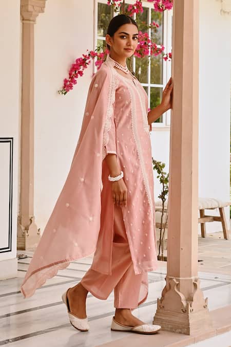 Shop_Karaj Jaipur_Pink Chanderi, Cotton Embroidery Round Neck Chikankari Kurta Pant Set _at_Aza_Fashions
