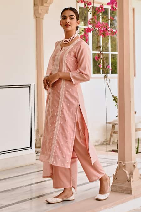Karaj Jaipur_Pink Chanderi, Cotton Embroidery Round Neck Chikankari Kurta Pant Set _Online_at_Aza_Fashions