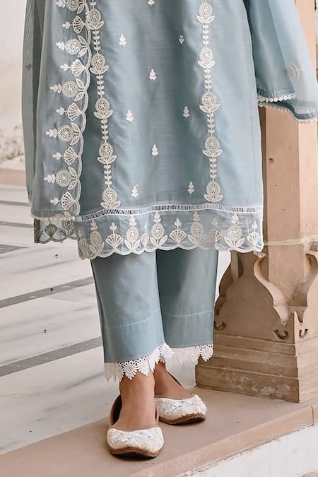 Karaj Jaipur_Blue Chanderi, Cotton Embroidery Round Neck Chikankari Kurta Pant Set _Online_at_Aza_Fashions