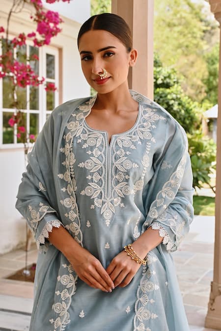 Karaj Jaipur Chikankari Embroidered Kurta Pant Set 