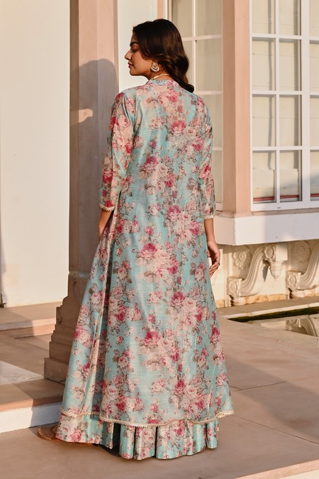 Shop_Karaj Jaipur_Blue Chanderi, Cotton Embroidery, Gota Patti Floral Print Jacket Lehenga Set _at_Aza_Fashions