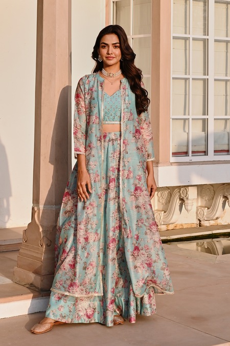 Karaj Jaipur Blue Chanderi, Cotton Embroidery, Gota Patti Floral Print Jacket Lehenga Set 