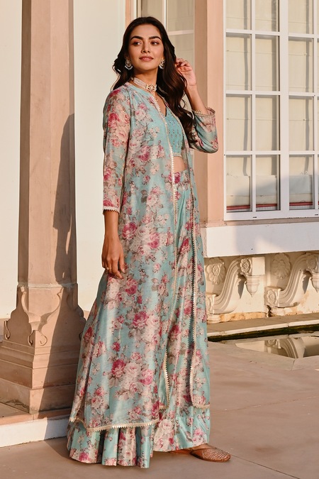 Buy_Karaj Jaipur_Blue Chanderi, Cotton Embroidery, Gota Patti Floral Print Jacket Lehenga Set _Online_at_Aza_Fashions