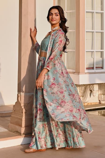 Shop_Karaj Jaipur_Blue Chanderi, Cotton Embroidery, Gota Patti Floral Print Jacket Lehenga Set _Online_at_Aza_Fashions