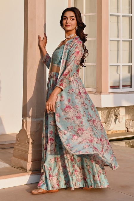 Shop_Karaj Jaipur_Blue Chanderi, Cotton Embroidery, Gota Patti Floral Print Jacket Lehenga Set _Online_at_Aza_Fashions
