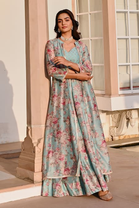Karaj Jaipur_Blue Chanderi, Cotton Embroidery, Gota Patti Floral Print Jacket Lehenga Set _at_Aza_Fashions
