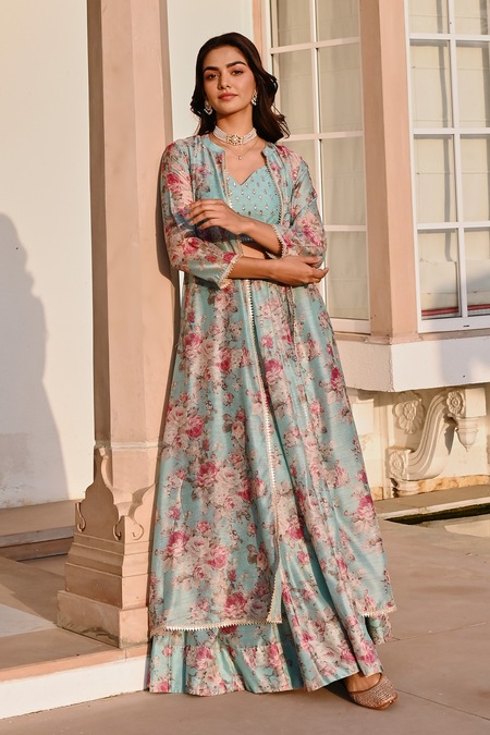 Karaj Jaipur_Blue Chanderi, Cotton Embroidery, Gota Patti Floral Print Jacket Lehenga Set _at_Aza_Fashions