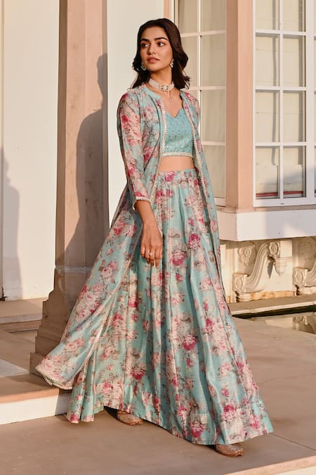 Buy_Karaj Jaipur_Blue Chanderi, Cotton Embroidery, Gota Patti Floral Print Jacket Lehenga Set 