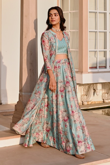 Buy_Karaj Jaipur_Blue Chanderi, Cotton Embroidery, Gota Patti Floral Print Jacket Lehenga Set 