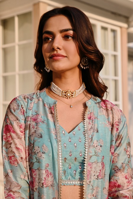 Shop_Karaj Jaipur_Blue Chanderi, Cotton Embroidery, Gota Patti Floral Print Jacket Lehenga Set 