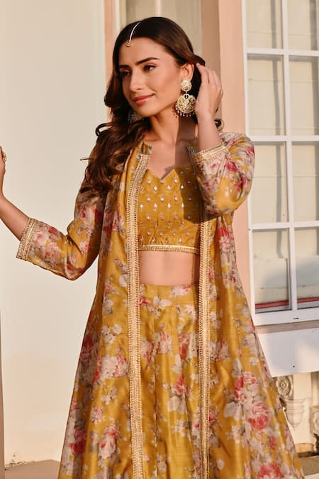 Karaj Jaipur_Yellow Chanderi, Cotton Gota Patti, Floral Printed Jacket And Lehenga Set _Online_at_Aza_Fashions
