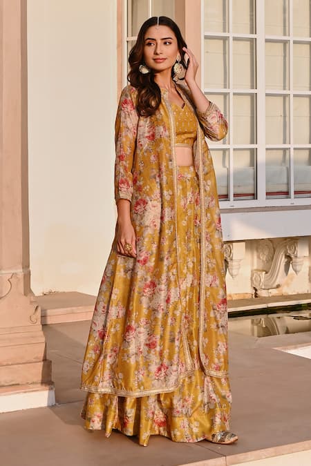 Buy_Karaj Jaipur_Yellow Chanderi, Cotton Gota Patti, Floral Printed Jacket And Lehenga Set _Online_at_Aza_Fashions