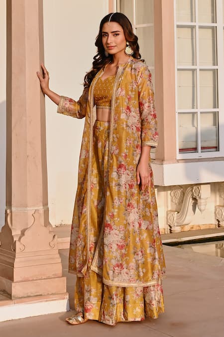 Shop_Karaj Jaipur_Yellow Chanderi, Cotton Gota Patti, Floral Printed Jacket And Lehenga Set _Online_at_Aza_Fashions