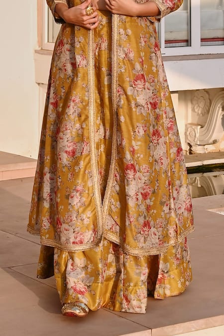 Karaj Jaipur_Yellow Chanderi, Cotton Gota Patti, Floral Printed Jacket And Lehenga Set _at_Aza_Fashions