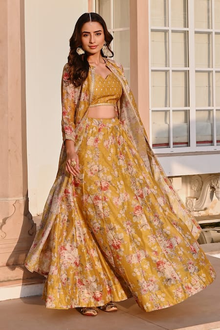 Buy_Karaj Jaipur_Yellow Chanderi, Cotton Gota Patti, Floral Printed Jacket And Lehenga Set 