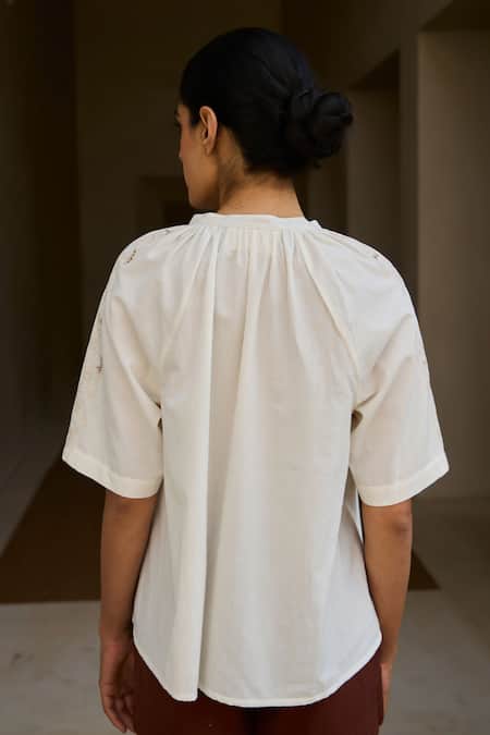 Shop The Summer House Off White Cotton Embroidery Collared Floral Hand Top at Aza Fashions Shop_The Summer House_Off White Cotton Embroidery Collared Floral Hand Top _at_Aza_Fashions