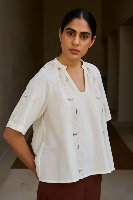 Buy The Summer House Off White Cotton Embroidery Collared Floral Hand Top Online at Aza Fashions Buy_The Summer House_Off White Cotton Embroidery Collared Floral Hand Top _Online_at_Aza_Fashions