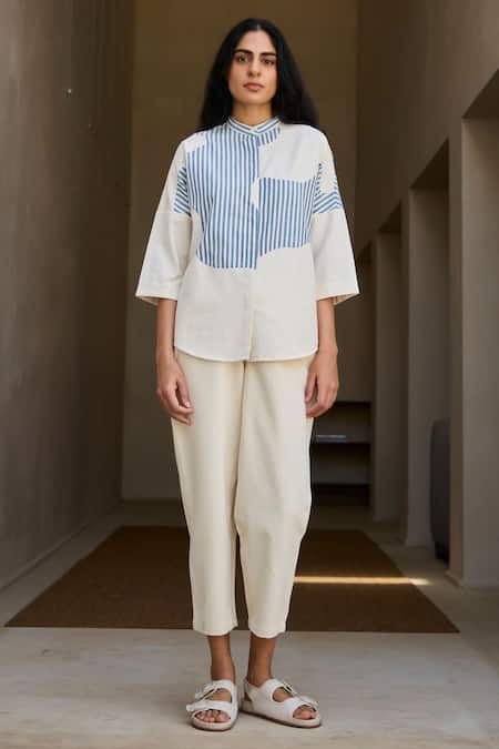The Summer House Off White Cotton Collared Placement Stripe Pattern Shirt Online at Aza Fashions The Summer House_Off White Cotton Collared Placement Stripe Pattern Shirt_Online_at_Aza_Fashions
