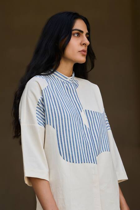 Buy The Summer House Off White Cotton Collared Placement Stripe Pattern Shirt Online at Aza Fashions Buy_The Summer House_Off White Cotton Collared Placement Stripe Pattern Shirt_Online_at_Aza_Fashions