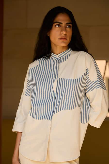 Shop The Summer House Off White Cotton Collared Placement Stripe Pattern Shirt Online at Aza Fashions Shop_The Summer House_Off White Cotton Collared Placement Stripe Pattern Shirt_Online_at_Aza_Fashions