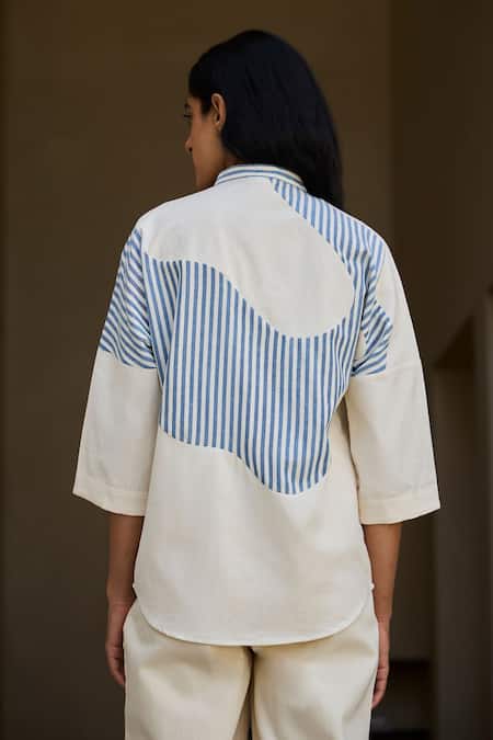 Shop The Summer House Off White Cotton Collared Placement Stripe Pattern Shirt at Aza Fashions Shop_The Summer House_Off White Cotton Collared Placement Stripe Pattern Shirt_at_Aza_Fashions
