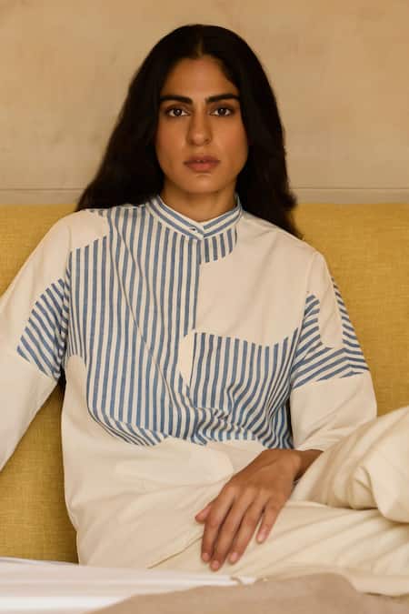 The Summer House Off White Cotton Collared Placement Stripe Pattern Shirt at Aza Fashions The Summer House_Off White Cotton Collared Placement Stripe Pattern Shirt_at_Aza_Fashions