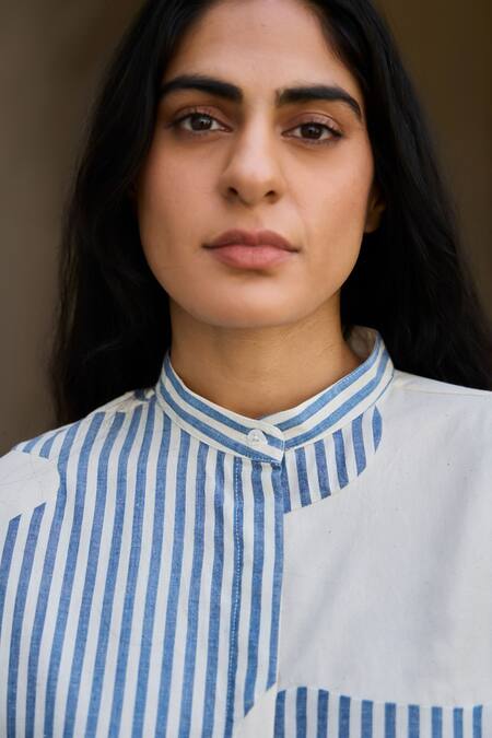 Buy The Summer House Off White Cotton Collared Placement Stripe Pattern Shirt Buy_The Summer House_Off White Cotton Collared Placement Stripe Pattern Shirt